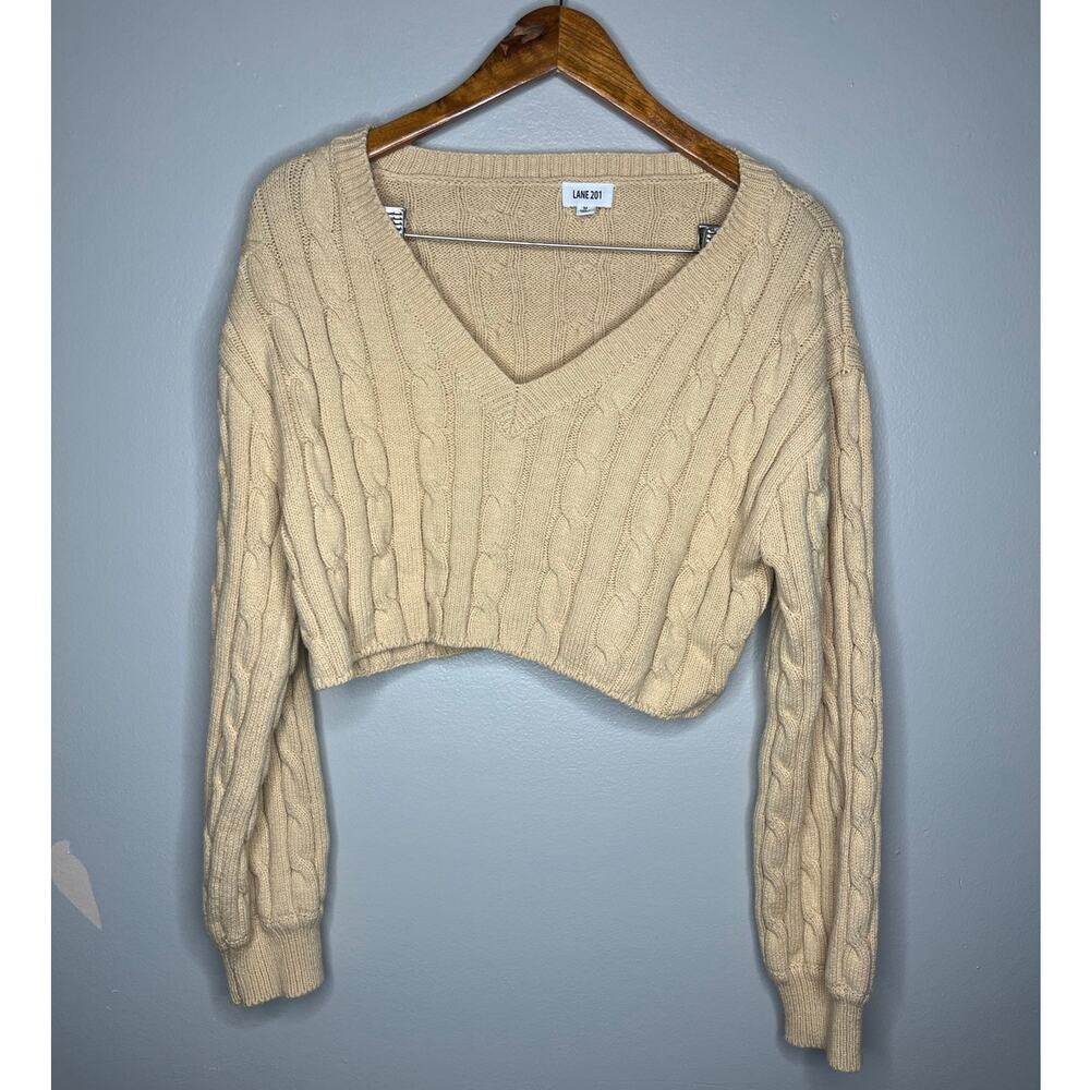 Lane 201 V Neck Cable Knit Cropped Light Yellow Sweater Size Medium